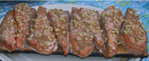 Kenai River King Salmon Grilled on Cedar Planks with Pinenuts