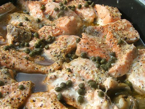 Kenai River King Salmon Riesling Saute with Capers, Onions, and Mushrooms